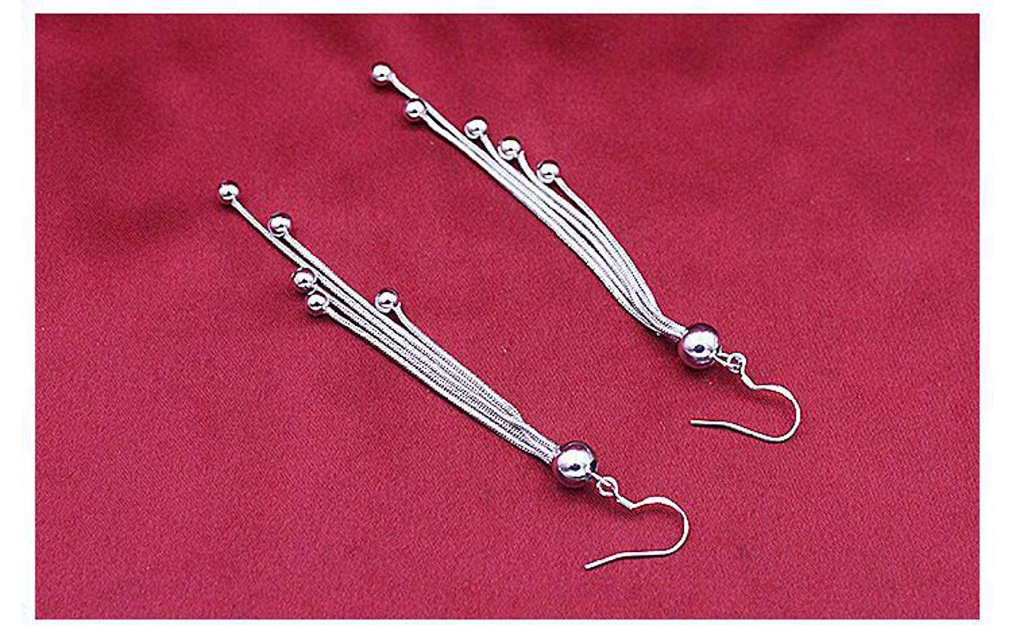 Nilu's Collection Silver Plated Long Five Beads Retro Earrings Flash Jewelry for Girls and Women Alloy Drops & Danglers