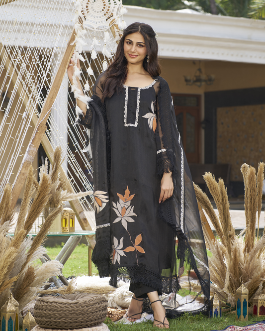 Vrutti Black Applique Organza Kurta Set