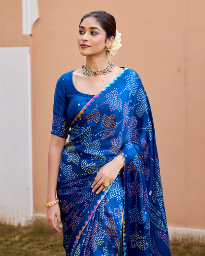 Mohini Blue Gajji Silk Bandhej Saree