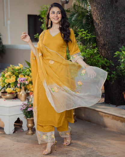Kadamb Mustard Handpainted Chanderi Suit Set