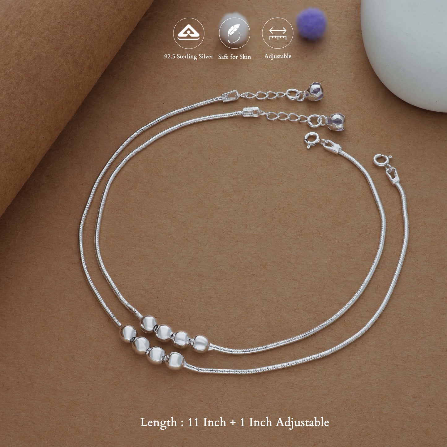 Elegant Bead Line Silver Women Anklet | 925 Hallmark | Daily Wear