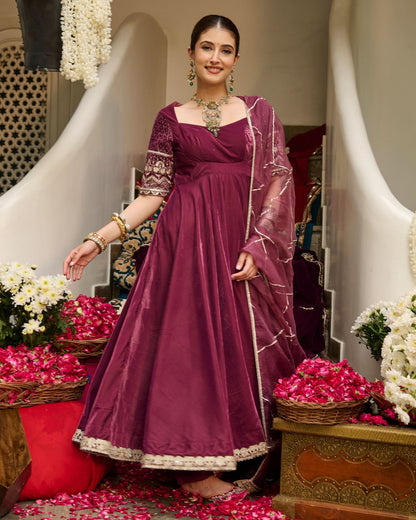 Terri Mauve Embroidered Velvet Suit Set