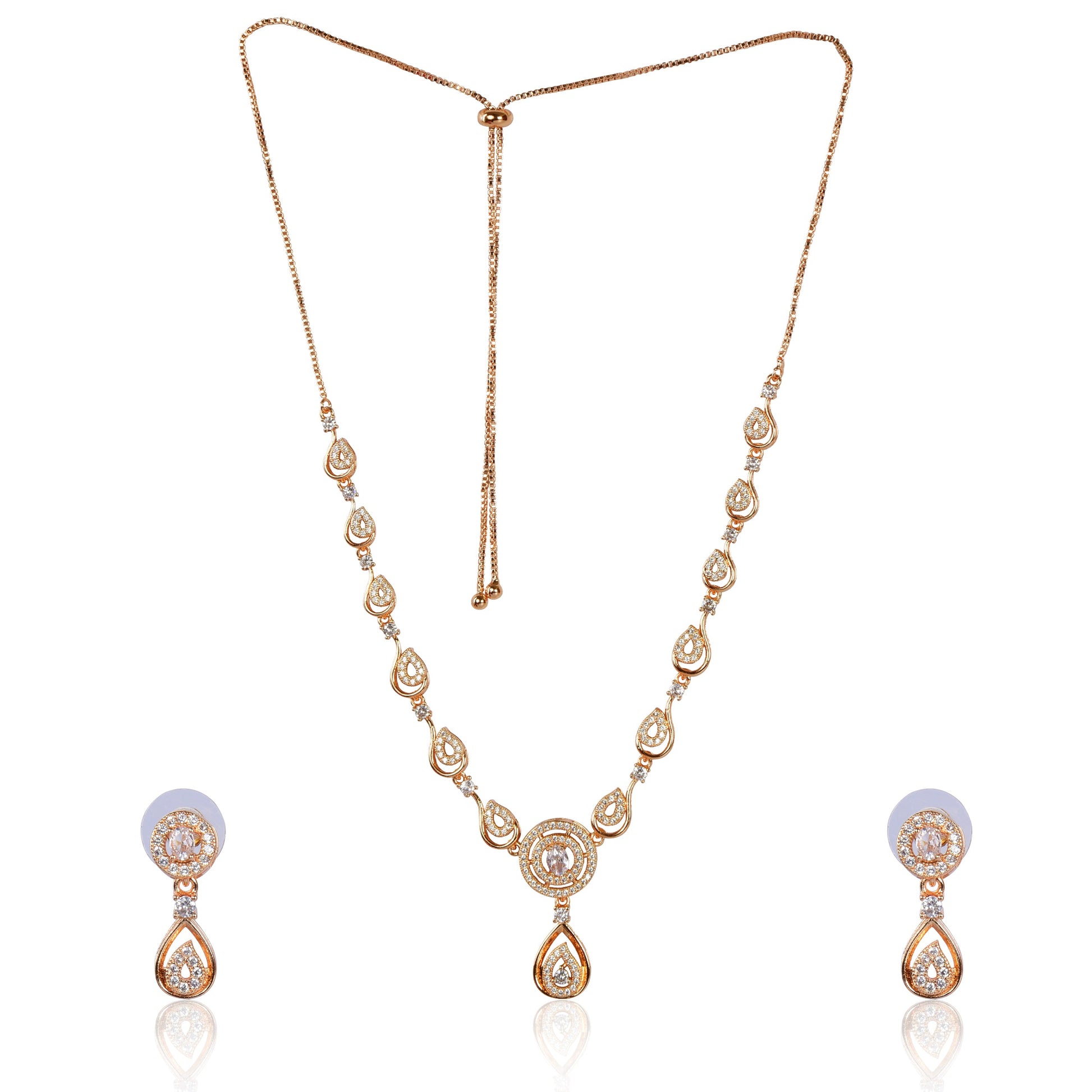 Stylish 18k Rose Gold Plated Ame Chain Pendent Necklace & Earrings Set for Women & Girls, Luxury AD Pendant Gift Set for Women, Girls & Her