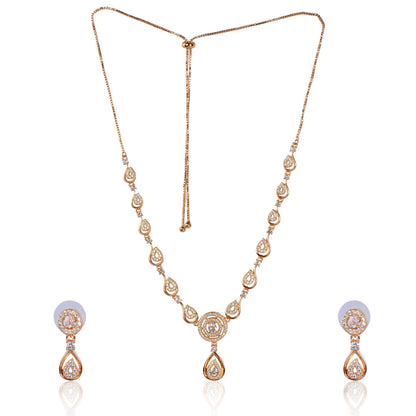 Stylish 18k Rose Gold Plated Ame Chain Pendent Necklace & Earrings Set for Women & Girls, Luxury AD Pendant Gift Set for Women, Girls & Her