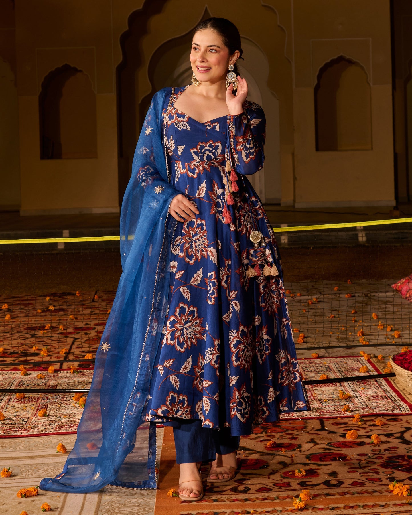 Saba Blue Printed Chanderi Suit Set