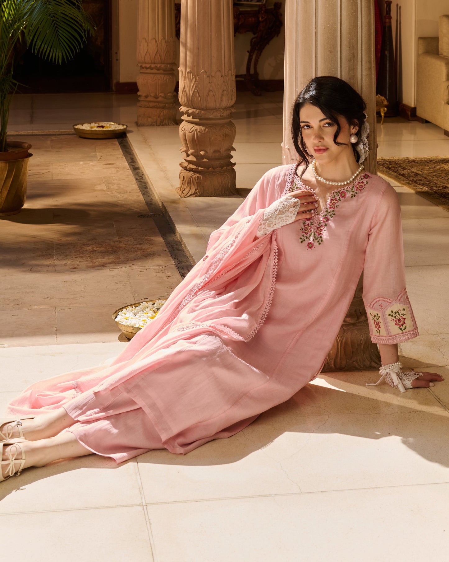 Reni Pink Embroidered Chanderi Suit Set