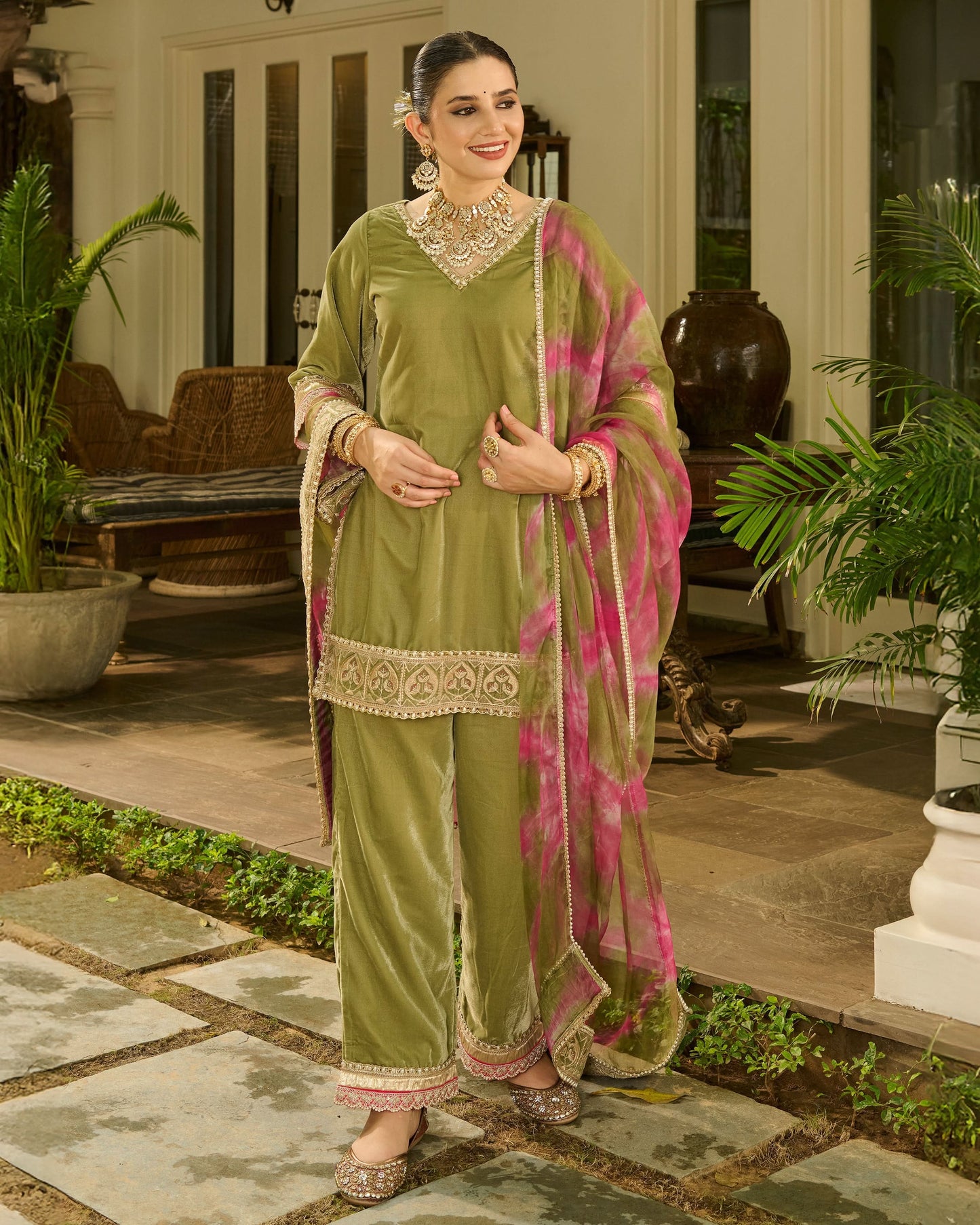Aja Sage Green Embroidered Velvet Suit Set