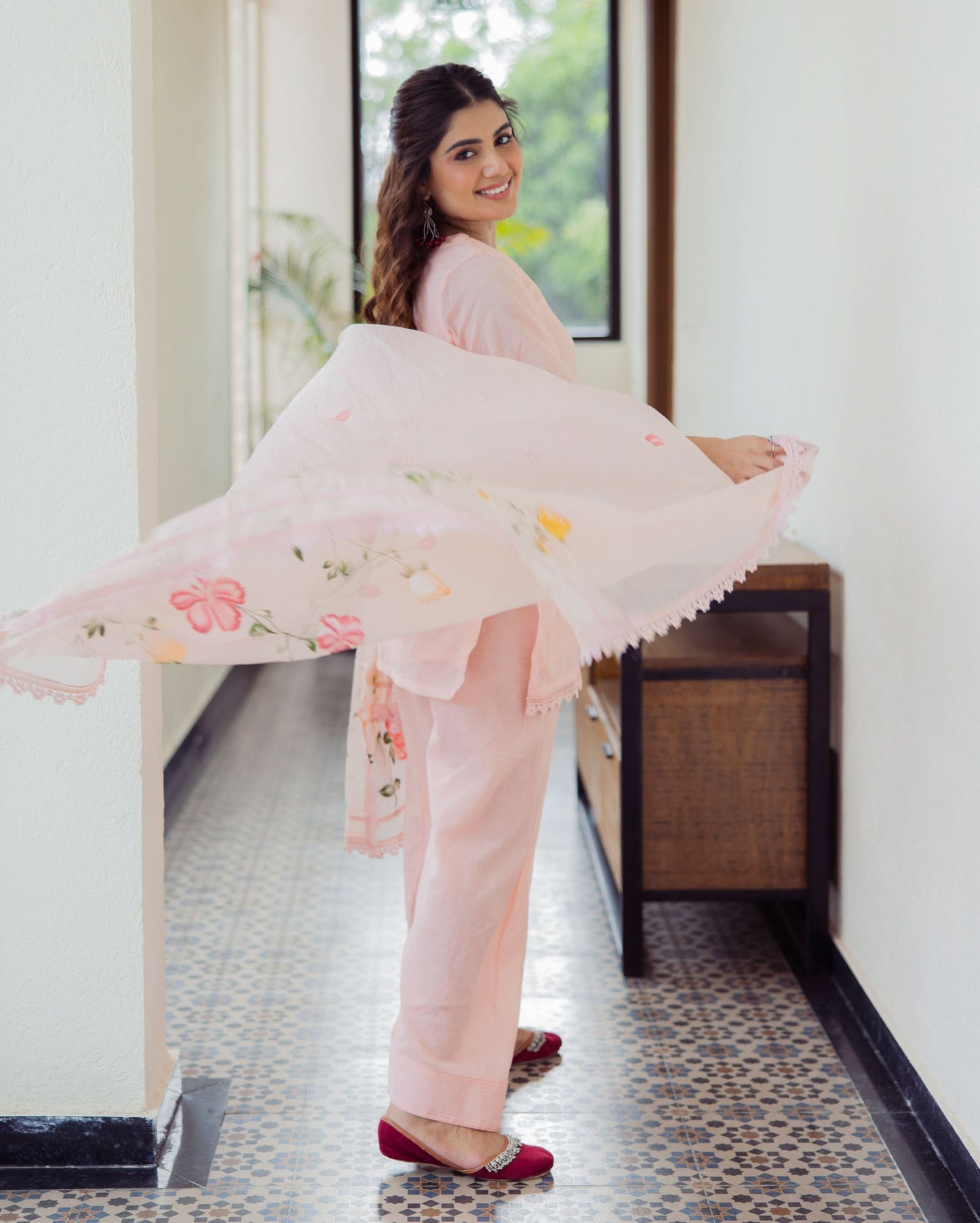 Milky Peach Handpainted Chanderi Suit Set