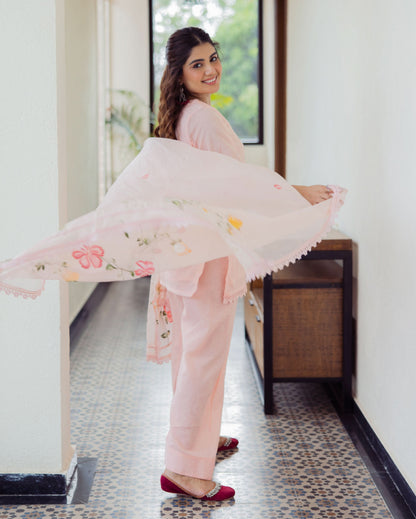 Milky Peach Handpainted Chanderi Suit Set
