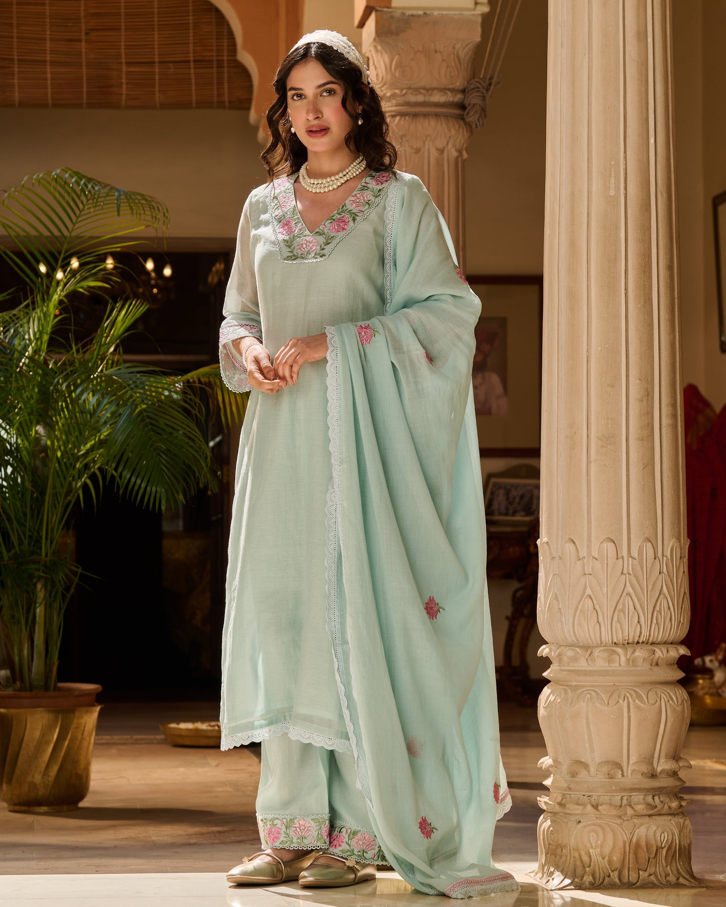 Neer Blue Embroidered Chanderi Suit Set