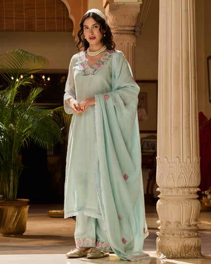 Neer Blue Embroidered Chanderi Suit Set