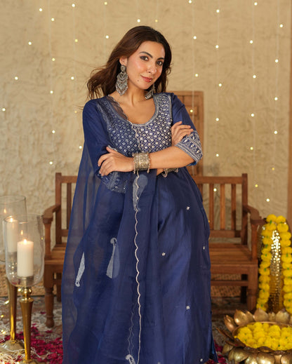 Tejaswi Blue Embroidered Chanderi Suit Set