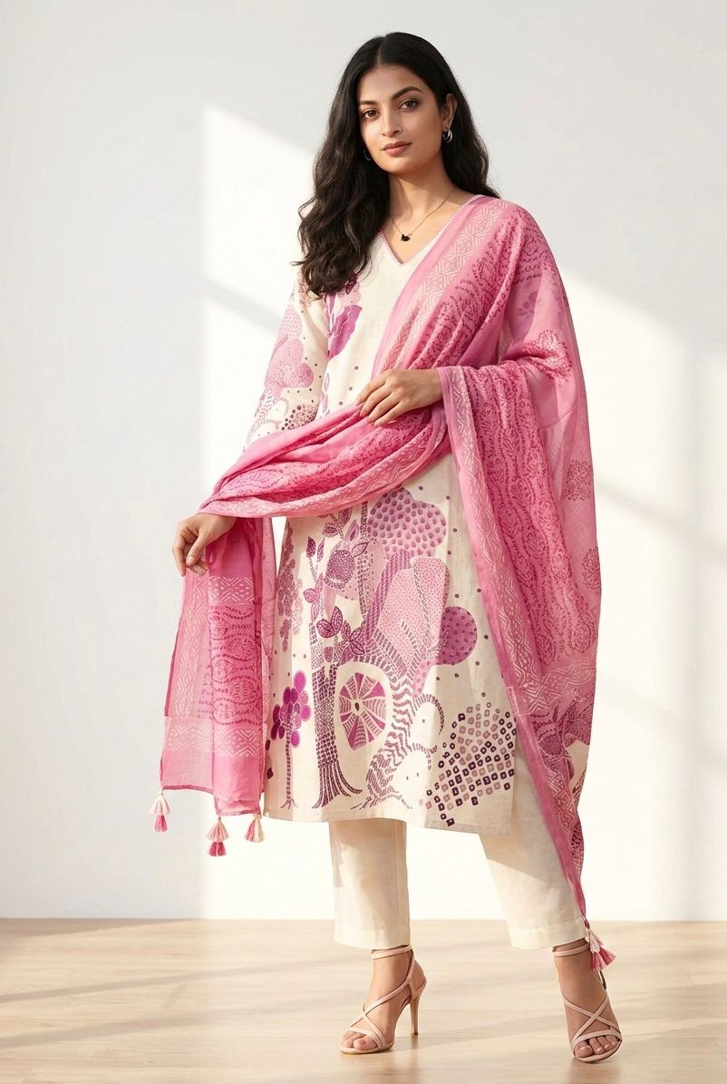 Ivory / Off-white&oft rose pink floral print  Kurti With Dupatta Set of 3 Piece For Women (Copy)