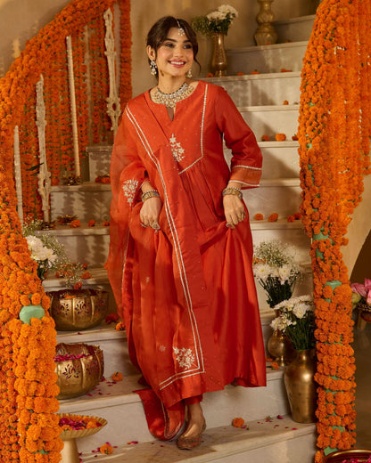 Prakash Rust Orange Solid Chanderi Suit Set