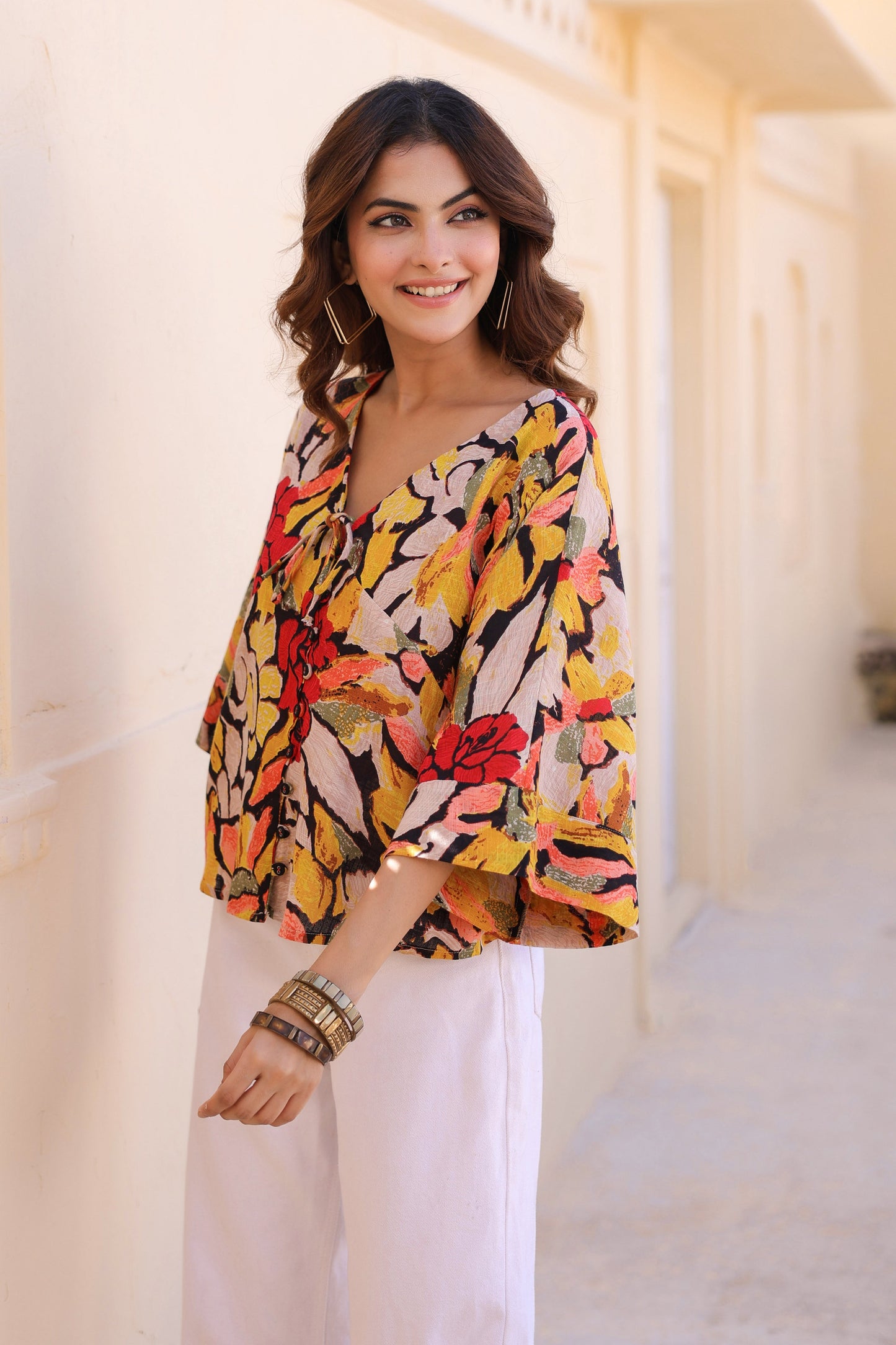 Floral Print Kimono Sleeve Kaftan Top