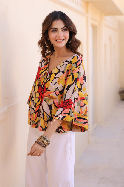 Floral Print Kimono Sleeve Kaftan Top