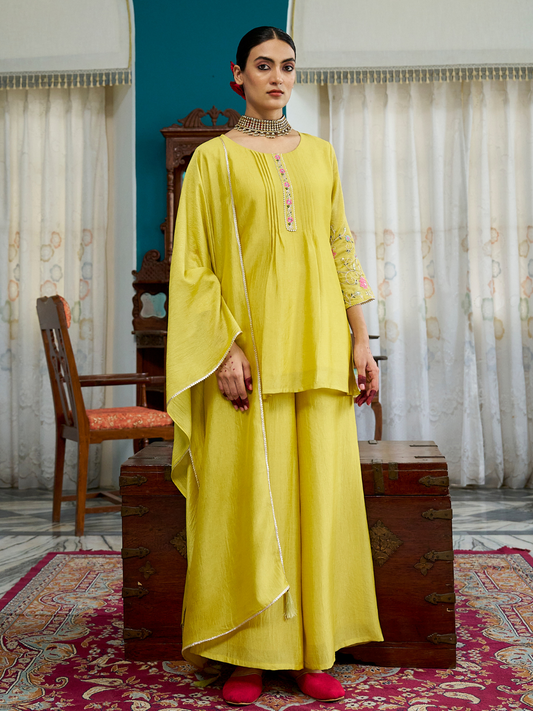Lemon Yellow Embroidered Peplum Top with Sharara Set | full front side