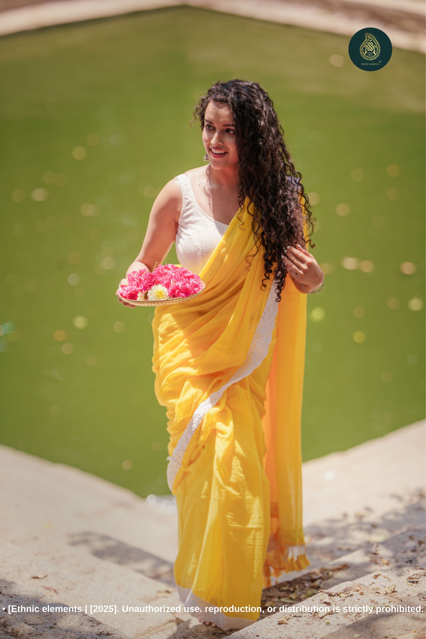 Sunlit Bloom: Yellow Mul Cotton Saree With Crochet Border