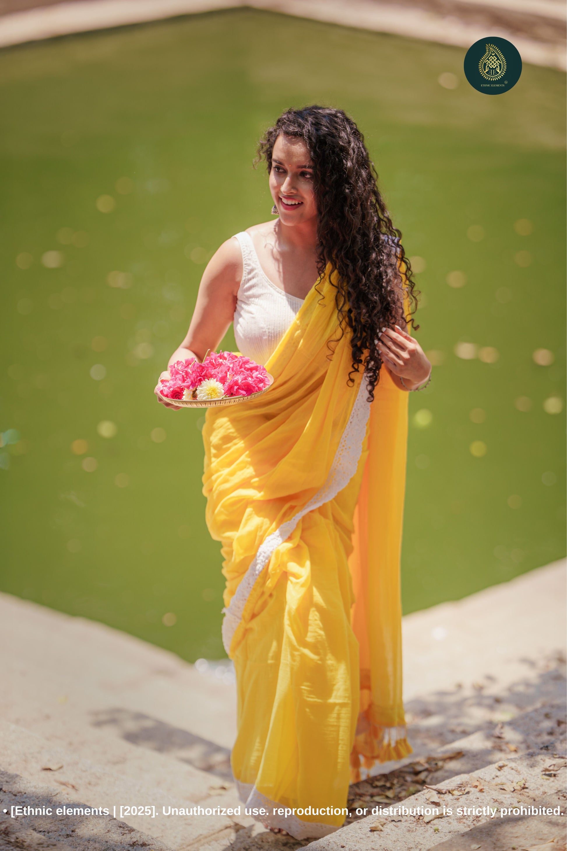 Sunlit Bloom: Yellow Mul Cotton Saree With Crochet Border