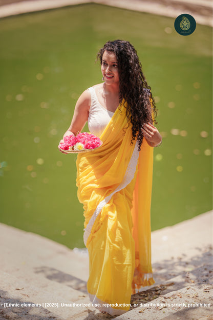Sunlit Bloom: Yellow Mul Cotton Saree With Crochet Border