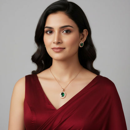 Rose Gold Green Oval Necklace Set for Women And Girls