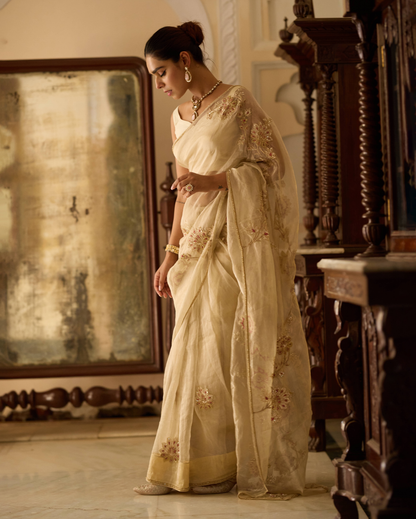 Yashoda Cream Handcrafted Pure Tissue Saree