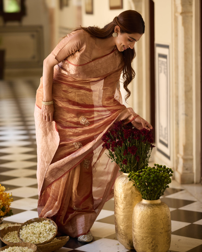 Damini Rust Orange Handcrafted Tissue Saree