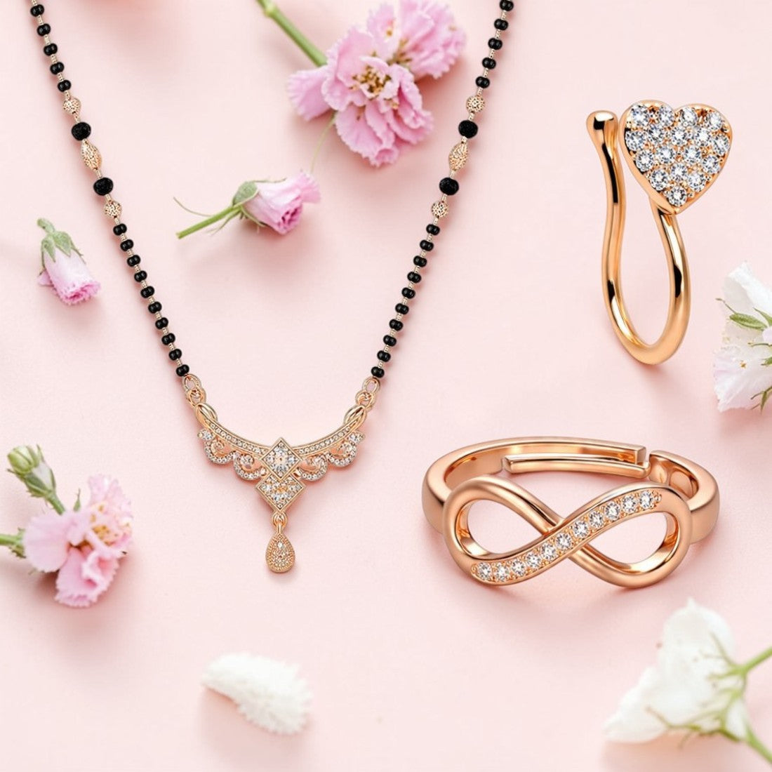Rose Gold Mangalsutra With Nosepin And Ring