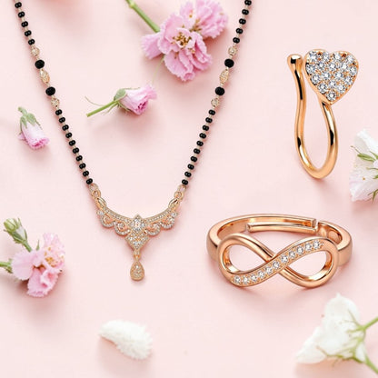 Rose Gold Mangalsutra With Nosepin And Ring