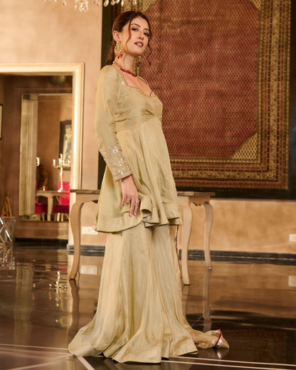 Tilki Olive Green Solid Silk Sharara Set