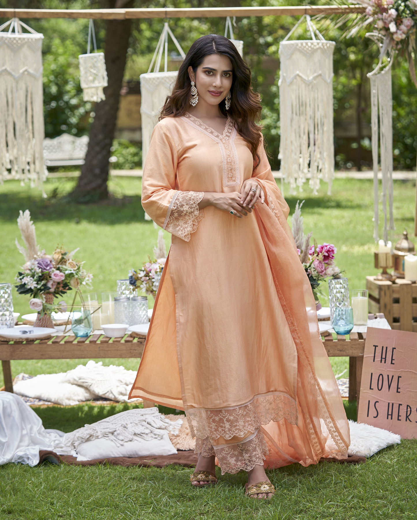 Viyan Pastel Orange Solid Chanderi Kurta Set