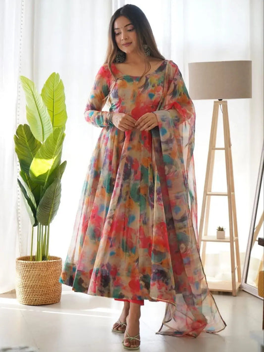Organza Floral Digital Print Flair Dress Suit - Premium  from Ethenika.com - Just INR 1590! Shop now at Ethenika.com 
