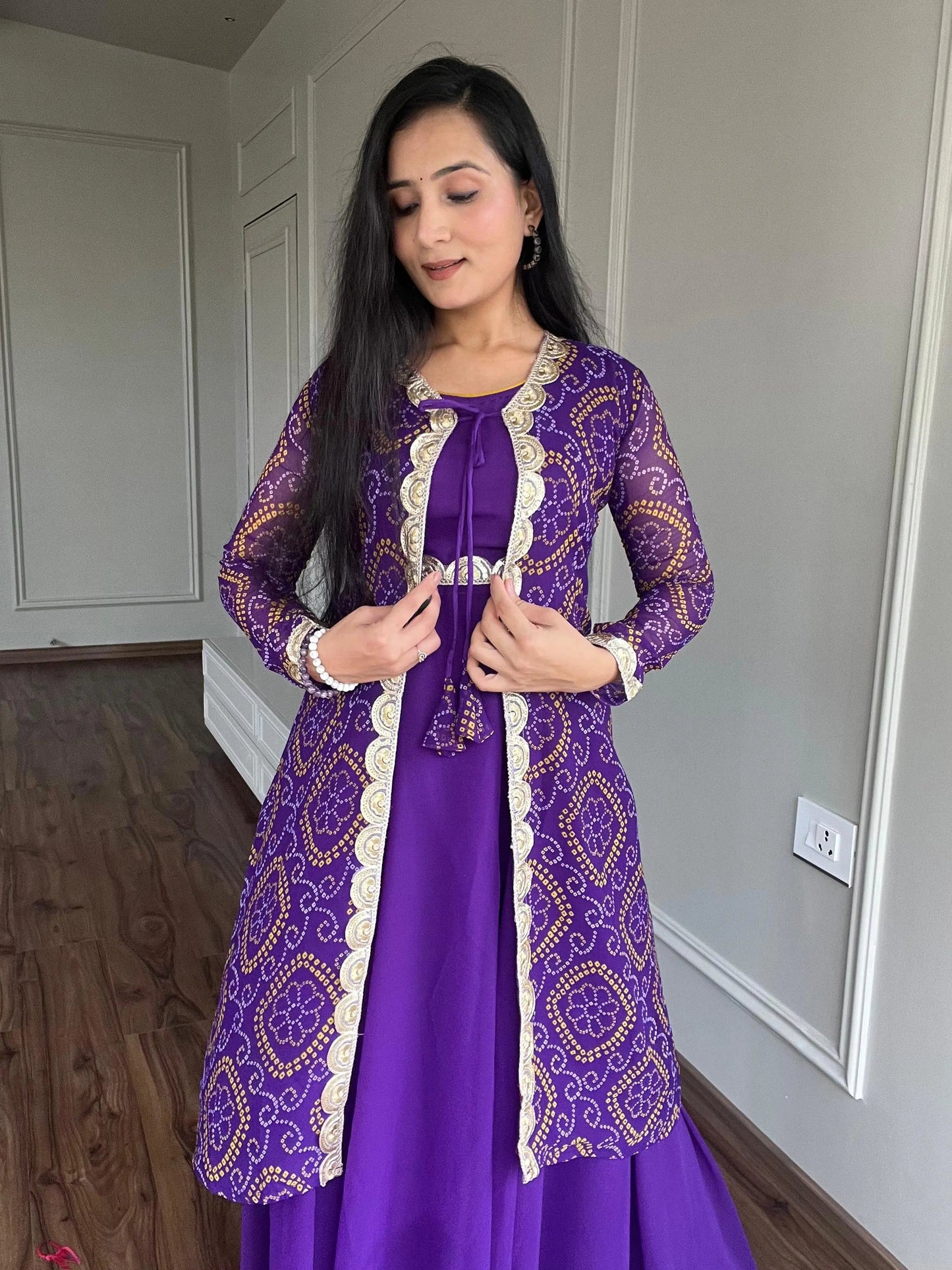 Faux Georgette Bandhani Print Gown Shrug Set - Premium  from Ethenika.com - Just INR 2990! Shop now at Ethenika.com 