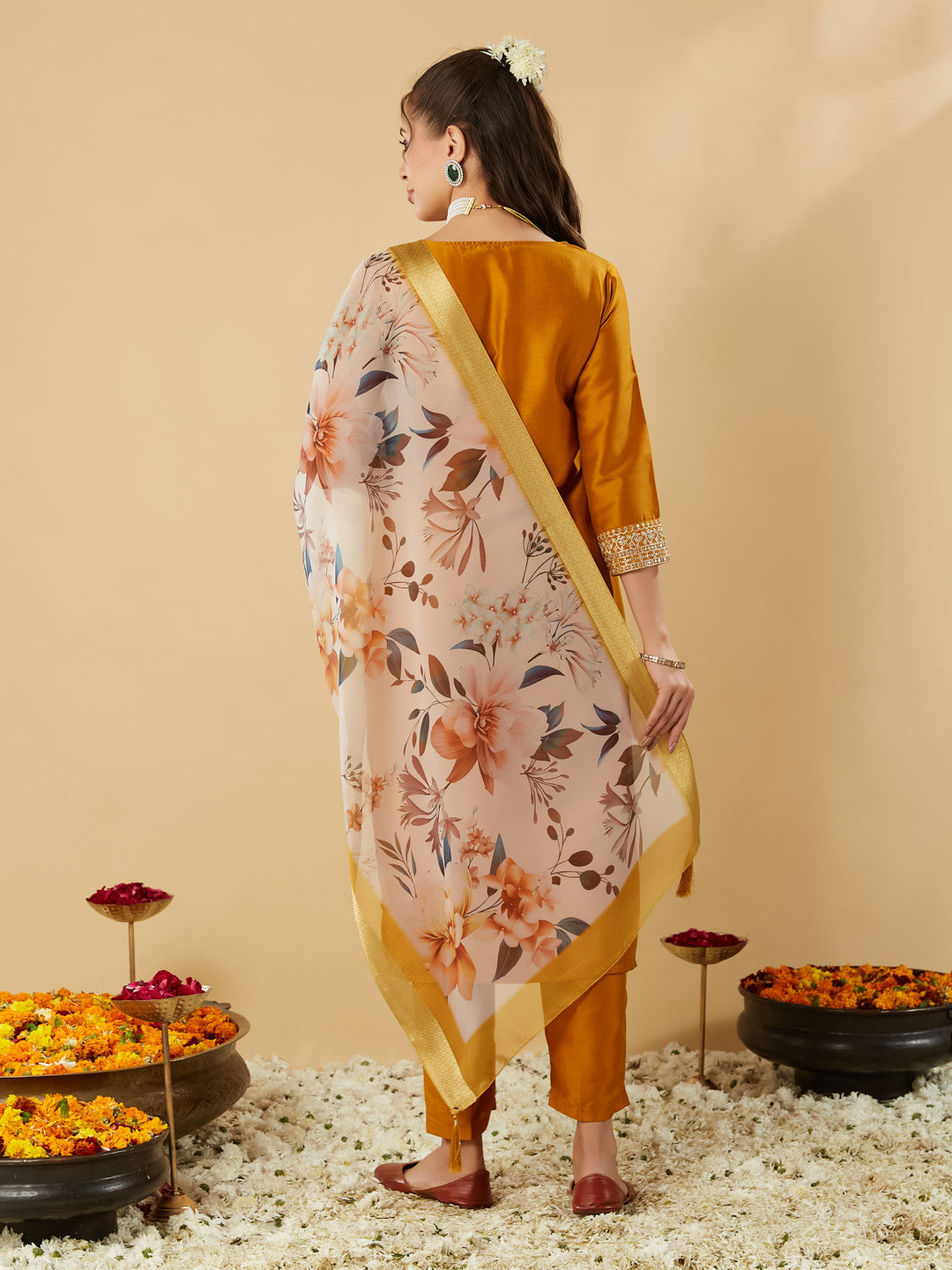Mustard Embroidered Chinon Straight Suit With Printed Dupatta