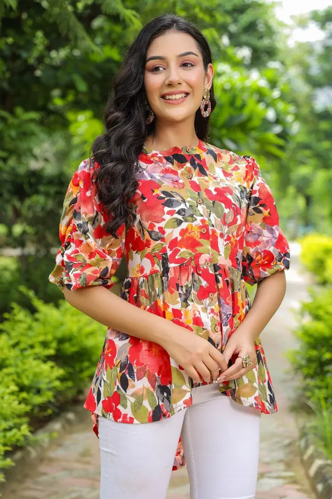 Women Multi Color Printed Cotton High-Low Top