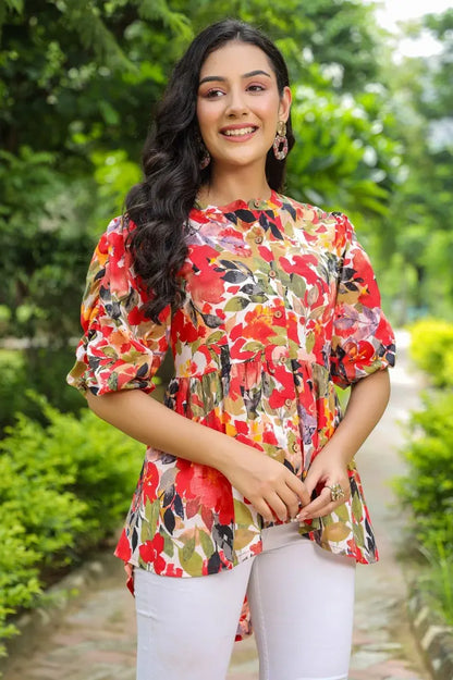 Women Multi Color Printed Cotton High-Low Top