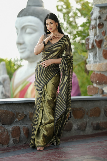 Mul Cotton Tissue Black And Olive-Gold Striped Saree Obsidian Panel