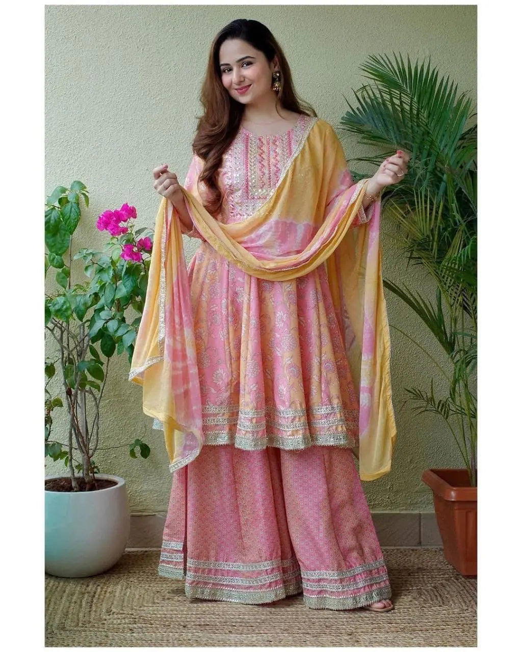 Beautiful Digital print with Embroidery lace work Anarkali Kurti with Sharara Dupatta Set ( Stitched) - Premium  from Ethenika.com - Just INR 2590! Shop now at Ethenika.com 