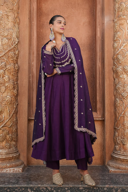 Violet Embroidered Silk Blend Anarkali Kurta With Dupatta Set
