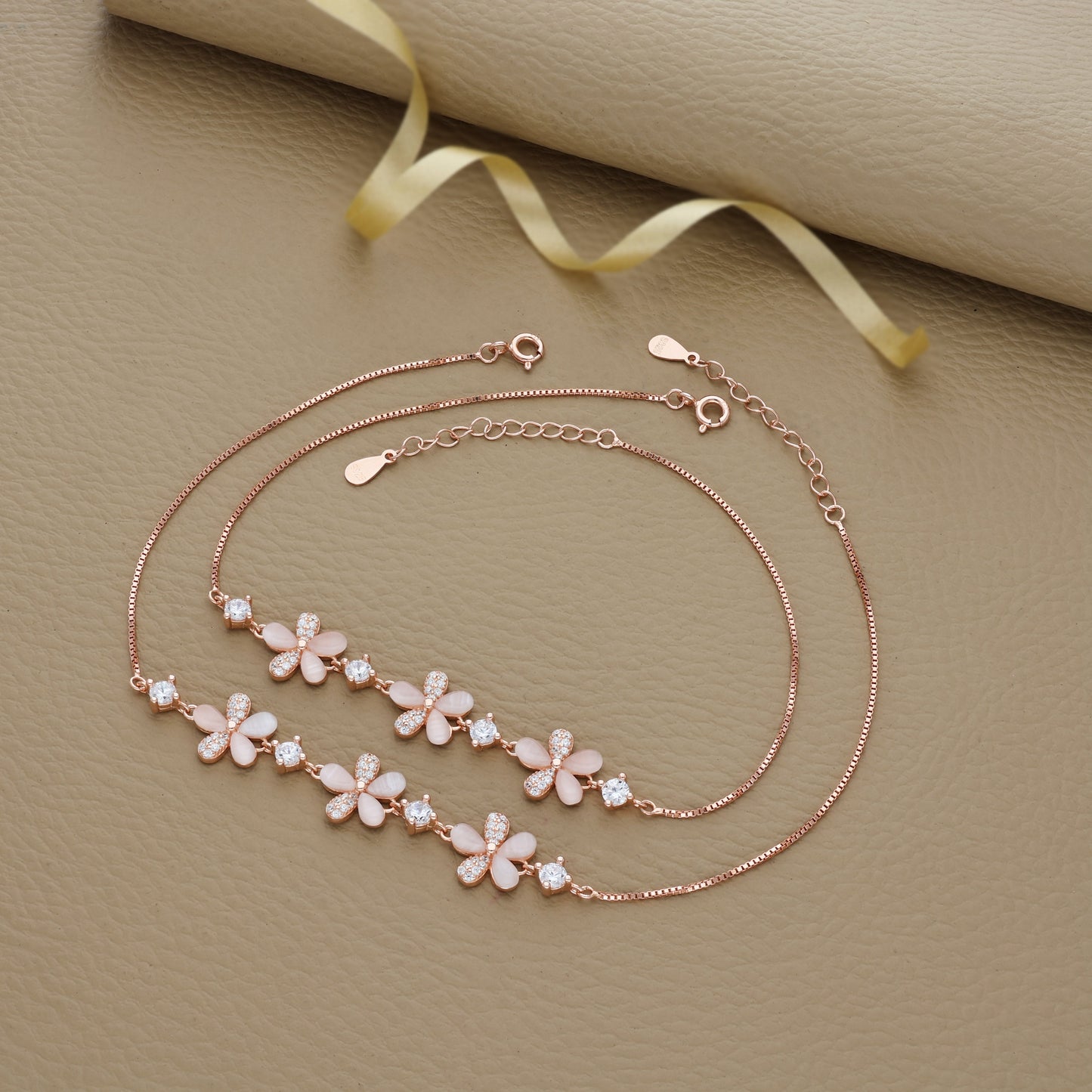 Dazzling Petal Rose Gold Silver Anklet
