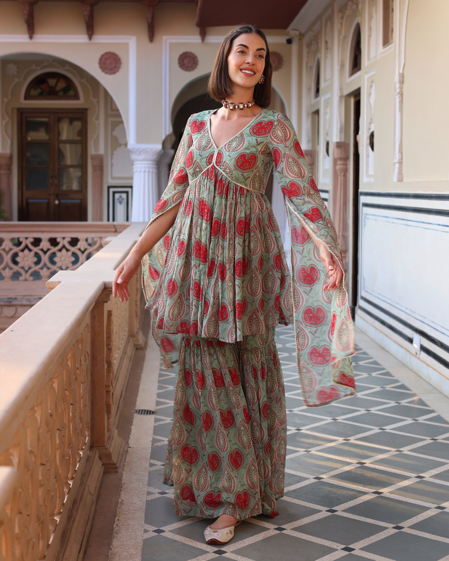 Turquoise Green Blush Printed Chinon Sharara Set