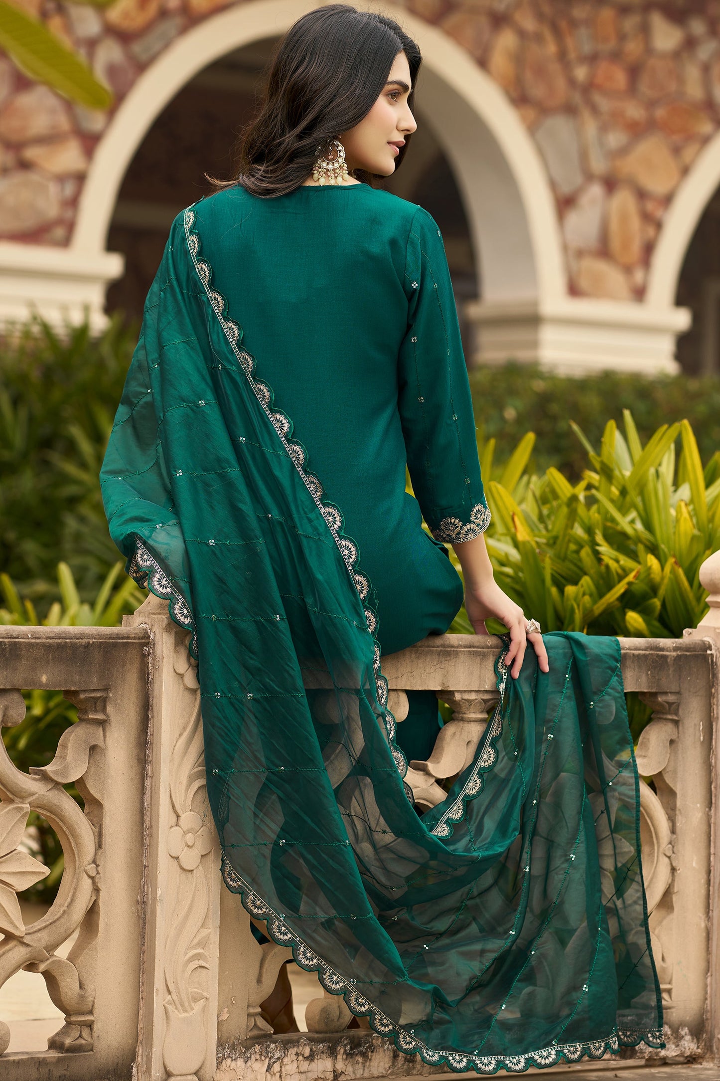 Bottle Green Chinon Solid Embroidered Kurta & Dupatta Set