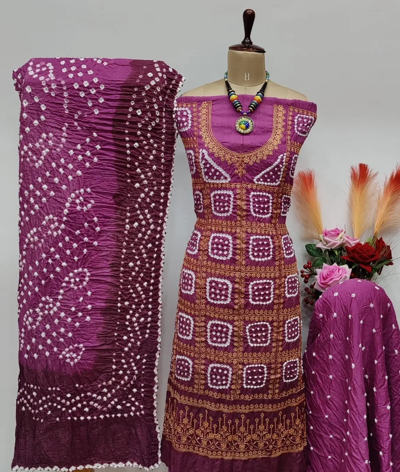 Cotton Satin Golden Thread Embroidery 3pc Kutch Bandhani Salwar Dress Material - Premium  from Ethenika.com - Just INR 2190! Shop now at Ethenika.com 
