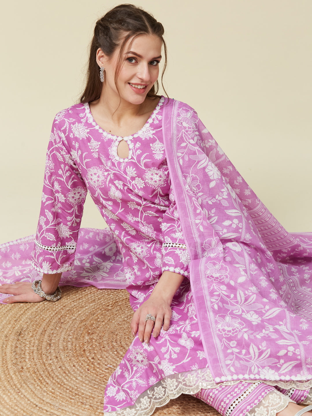 Purple Floral Print Embroidered Cotton Kurta & Dupatta Set| Embroidered Kurta Set With Dupatta | frontside  view