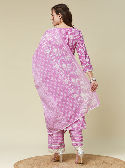 Purple Floral Print Embroidered Cotton Kurta & Dupatta Set| Embroidered Kurta Set With Dupatta | backside full view
