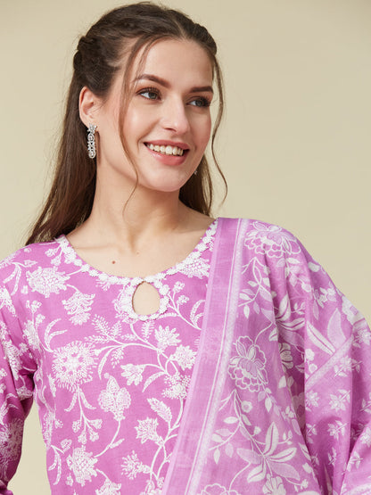 Purple Floral Print Embroidered Cotton Kurta & Dupatta Set| Embroidered Kurta Set With Dupatta | frontside half view