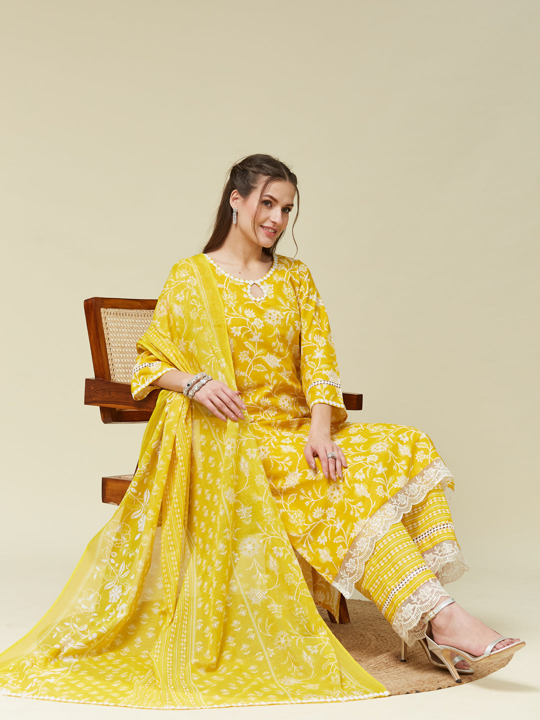 Yellow Floral Print Embroidered Cotton Kurta & Dupatta Set | cotton kurta set for women | frontside full view