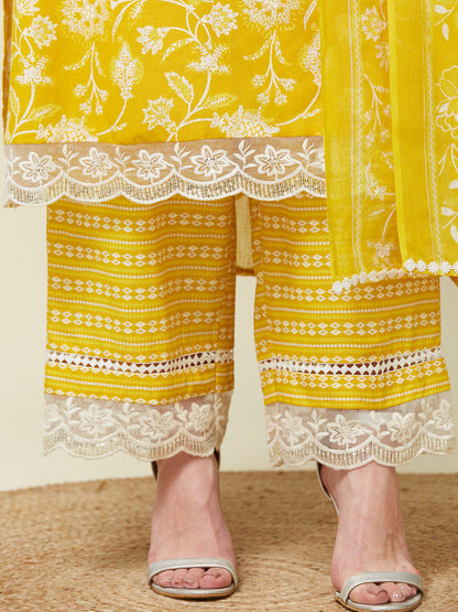 Yellow Floral Print Embroidered Cotton Kurta & Dupatta Set
