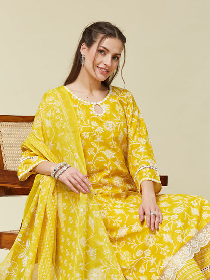 Yellow Floral Print Embroidered Cotton Kurta & Dupatta Set | cotton kurta set for women | frontside full view
