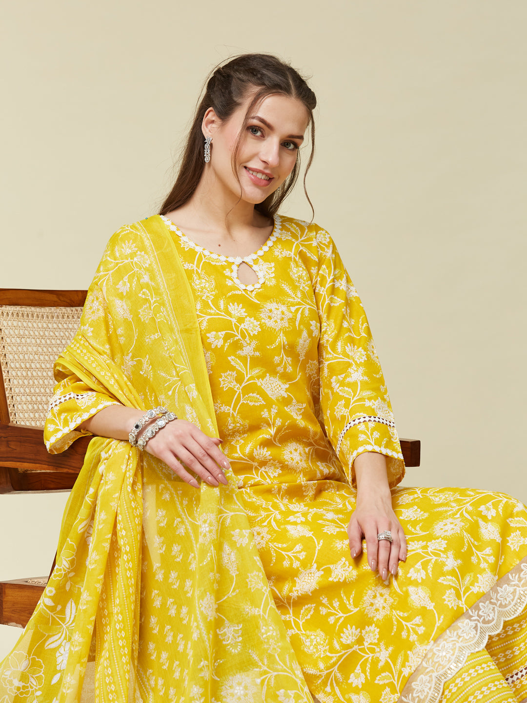 Yellow Floral Print Embroidered Cotton Kurta & Dupatta Set | cotton kurta set for women | frontside full view